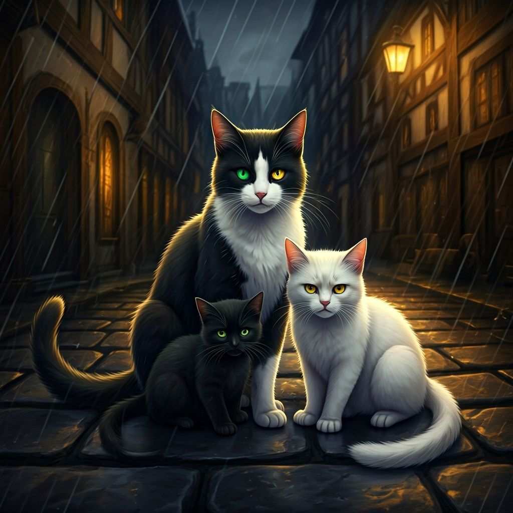 Heterochromatic Tuxedo Cat Nursing Kittens