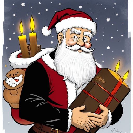 Santa Claus Carrying Yule Log in New Yorker Cartoon Style