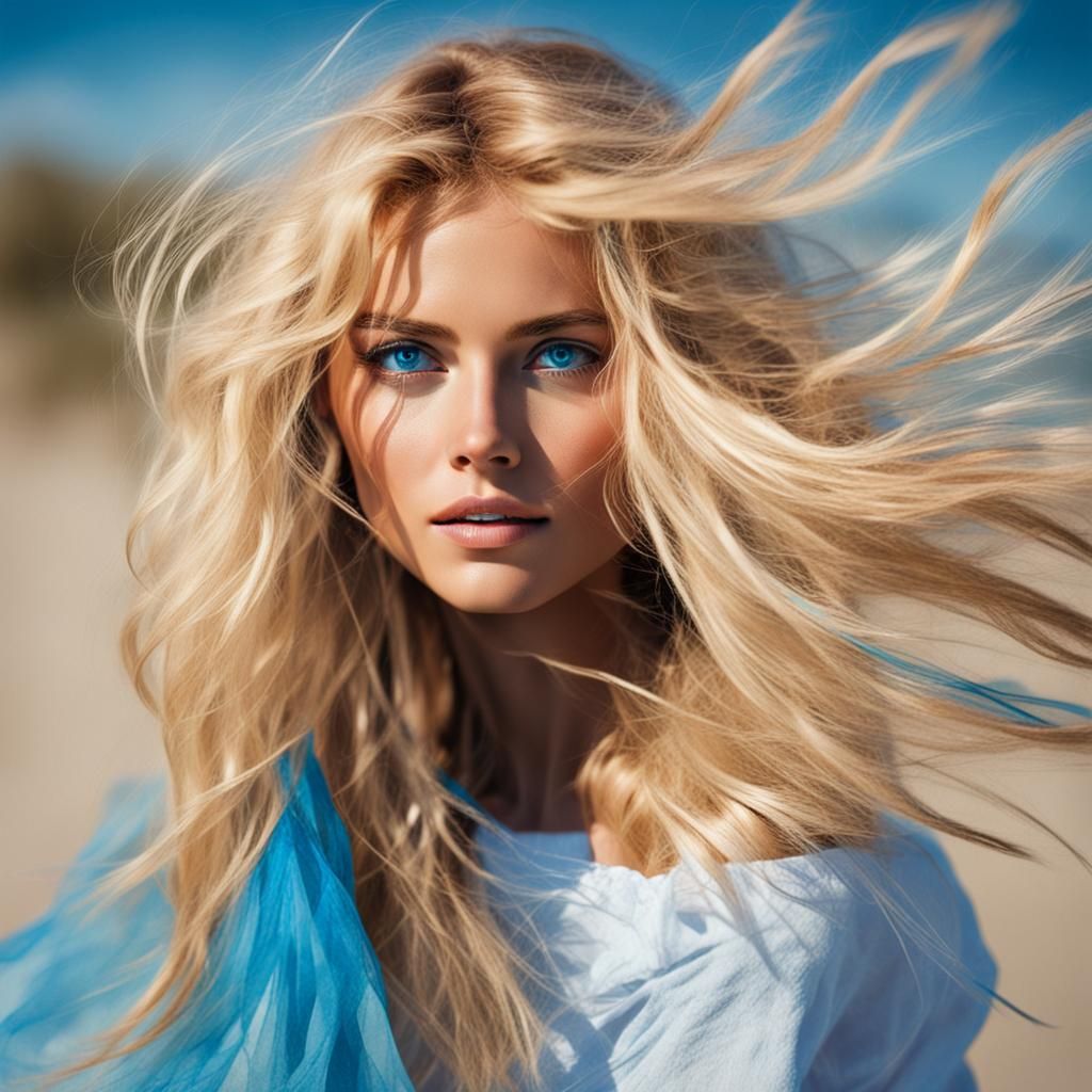 Sultry Blonde Goddess Embracing Coastal Breeze