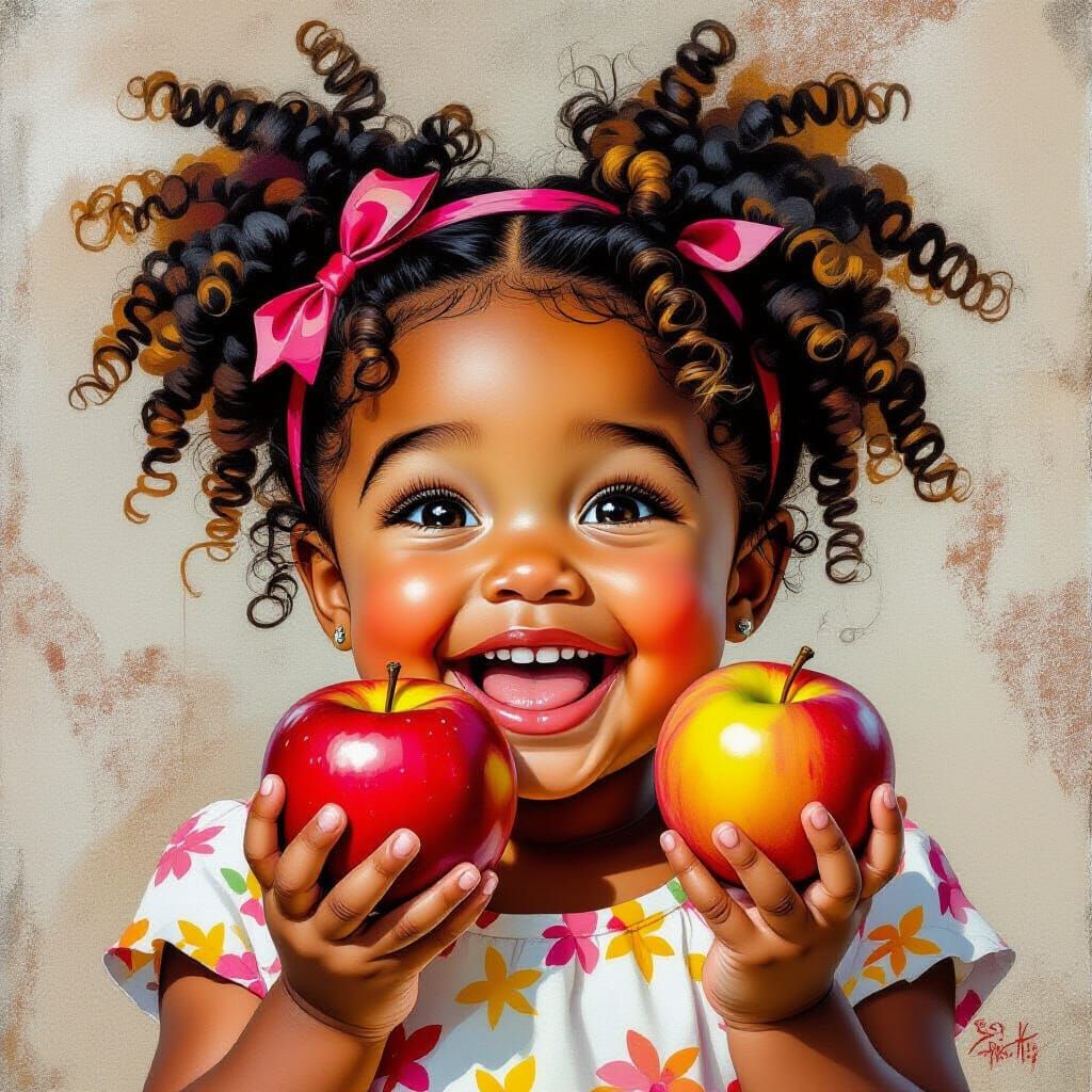 Joyful Girl with Fruit, in Graffiti Art Style
