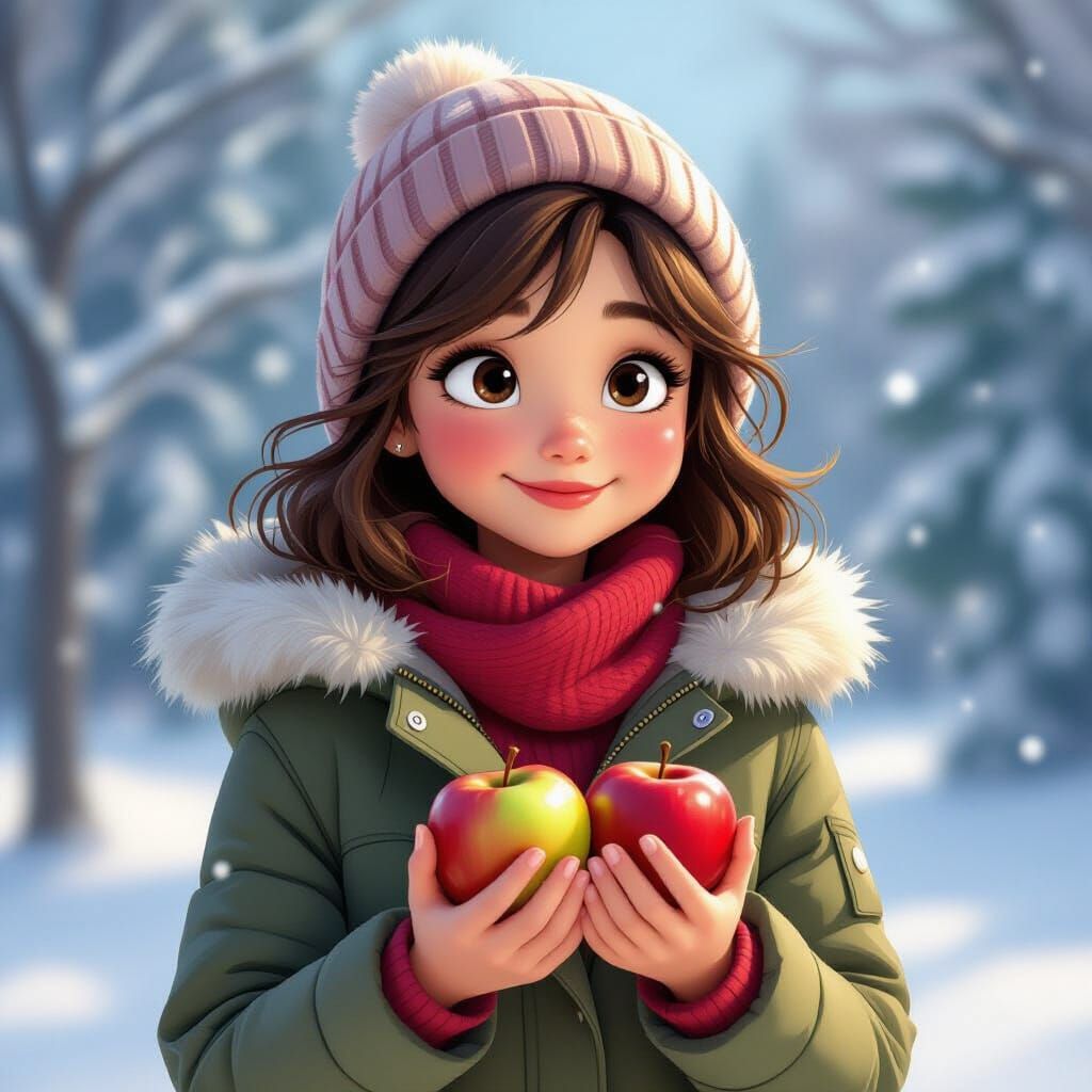 Pixar Style Girl Holding Apples in Winter