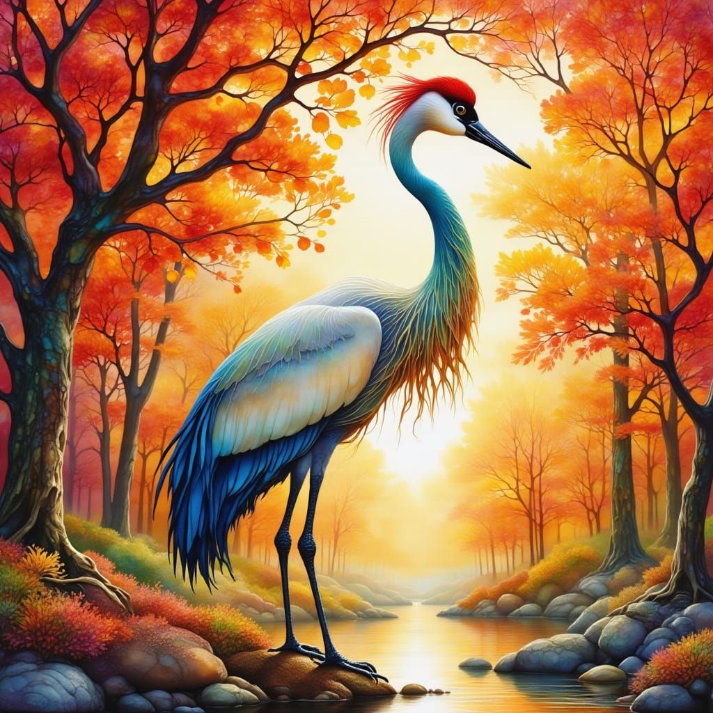 Crane autumn light <lora:PR AlcoholWCGlass:1.0>