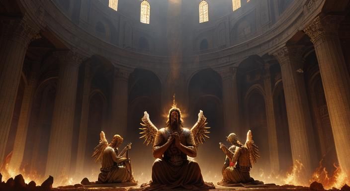 Epic Biblical painting double exposure style of Daniel, Shad...