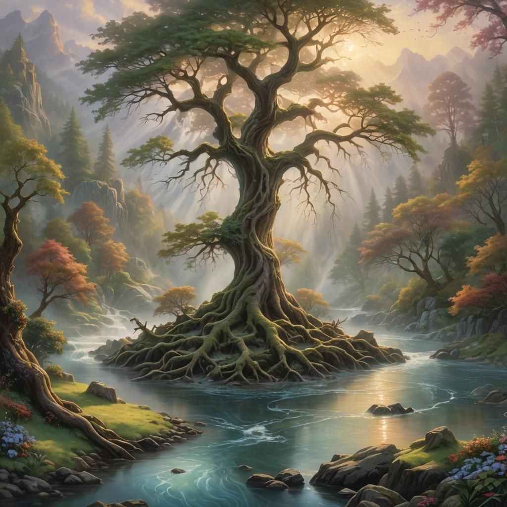 Ethereal Fantasy Tree Illuminated by Golden Hour Light