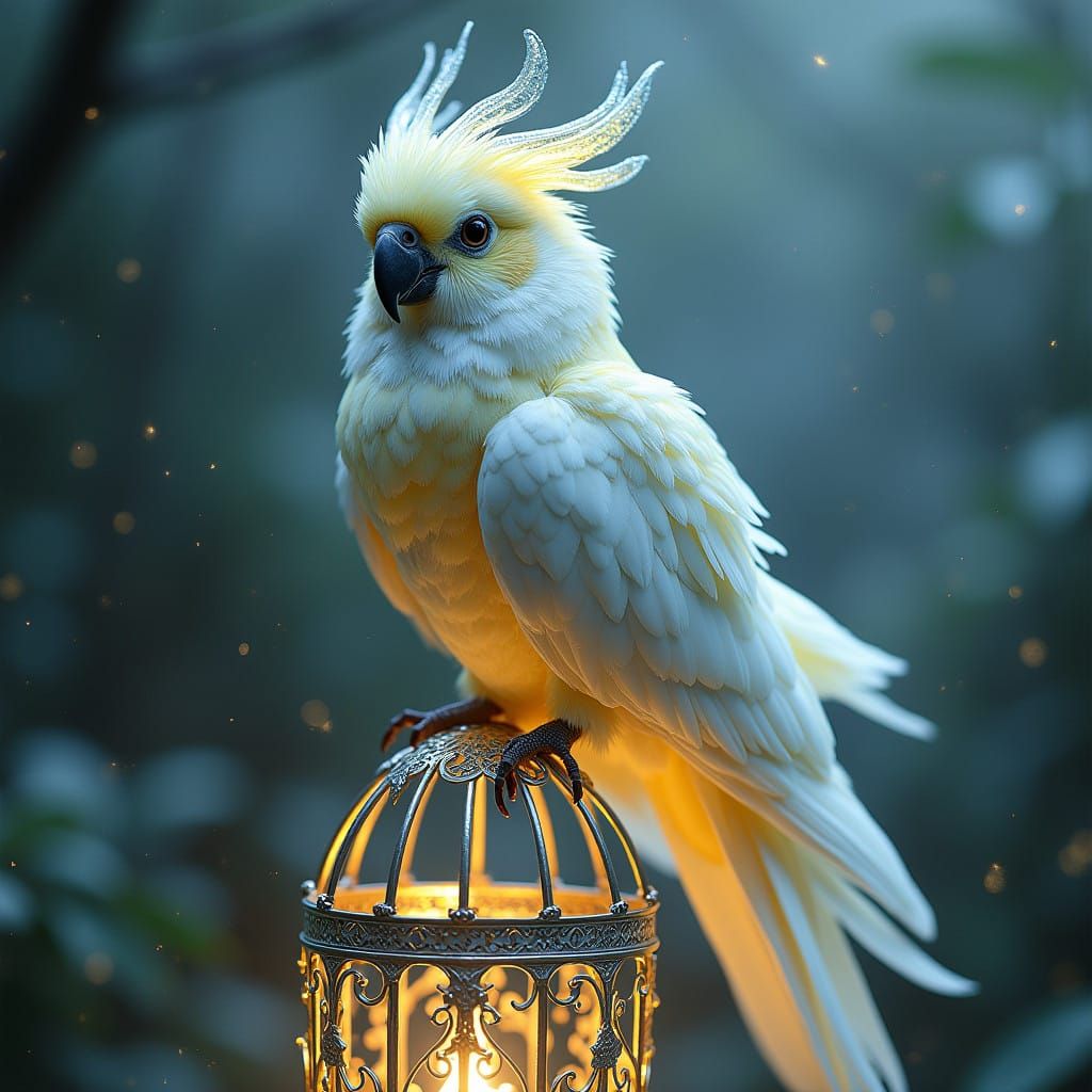 Majestic, Iridescent Bird Perched in Ethereal Silver Cage