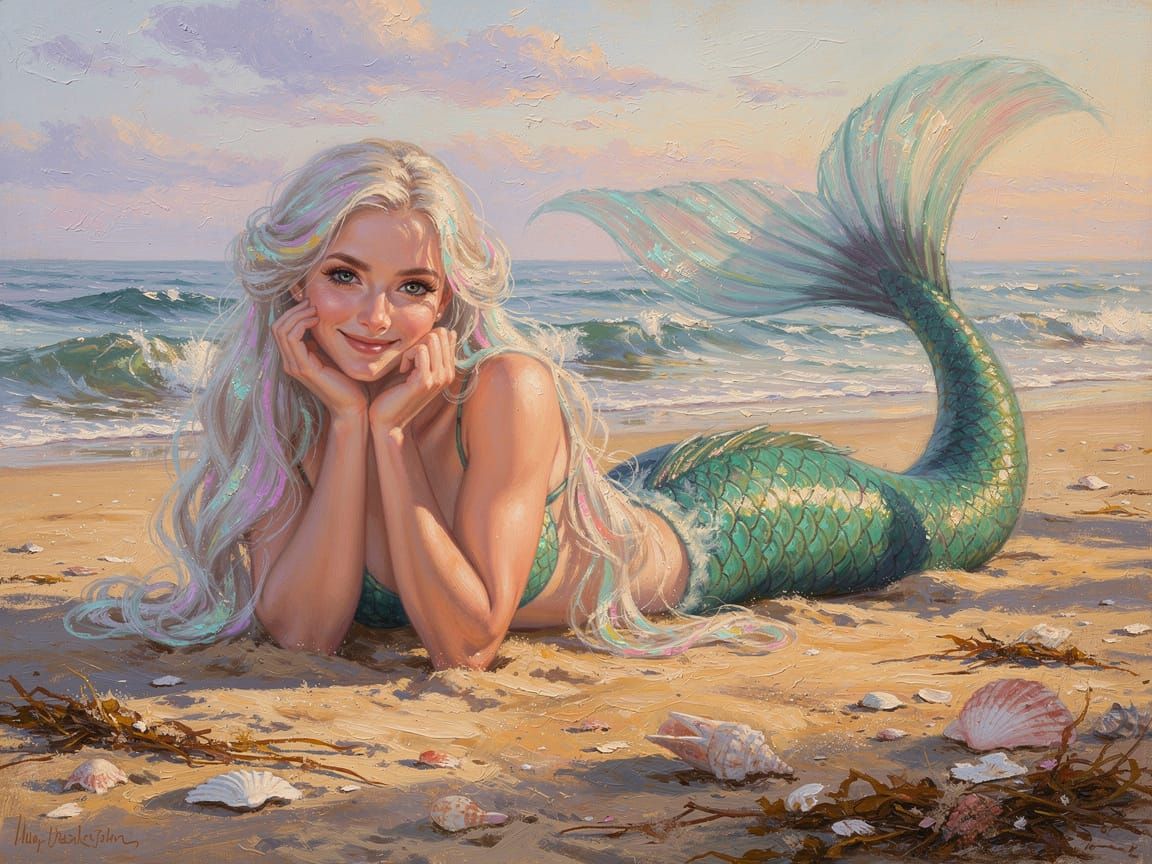 Mermaid on Beach, Shy Smile, Oil on Canvas Art