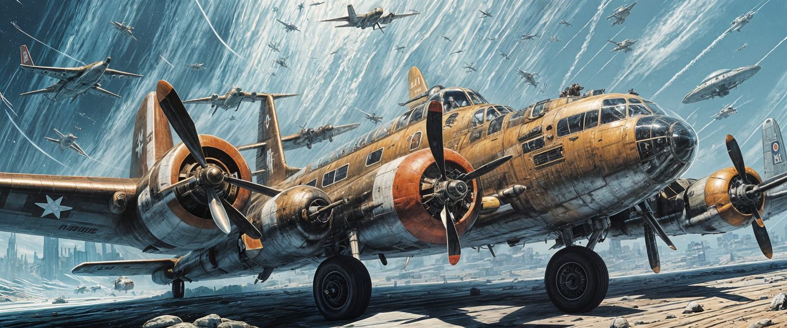 B-17 battling alien star figthers Mark Brooks and Dan Mumfor...