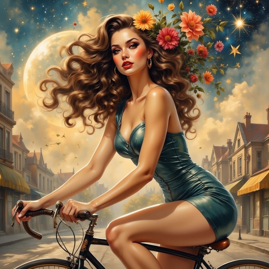 Cosmic Pin-Up Woman Cycling in Art Nouveau Style