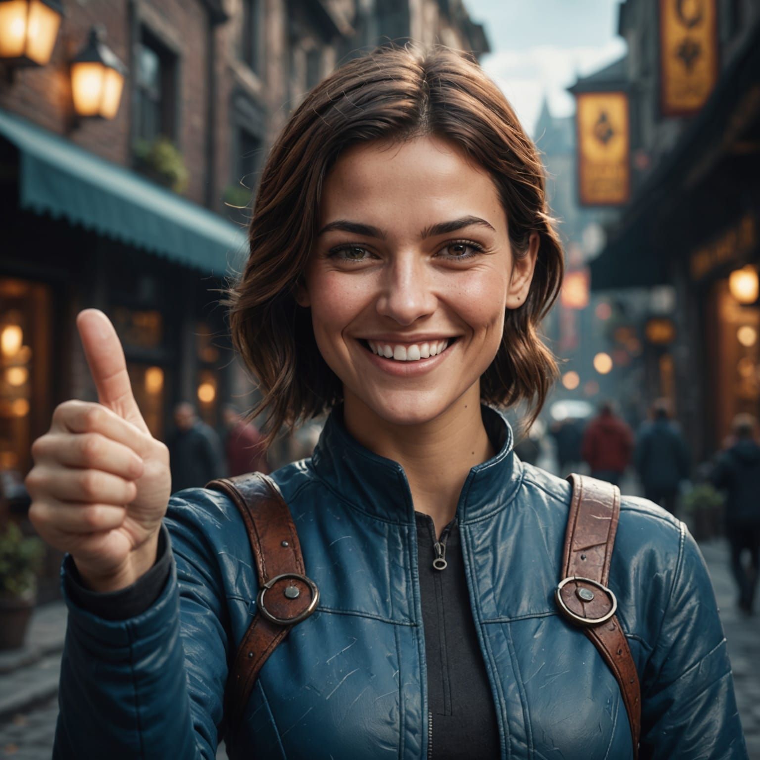 Fantastical Woman Smiles with Thumbs Up in Vibrant Scene