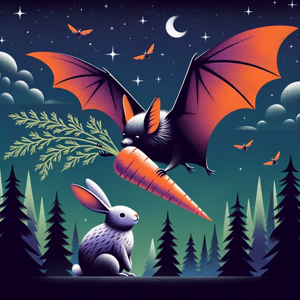 Bat Eating Carrot in Forest Under Starlit Sky