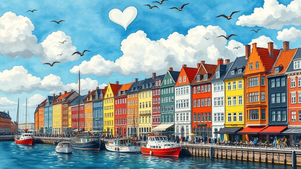Copenhagen Waterfront Buildings in Vibrant Watercolour Style