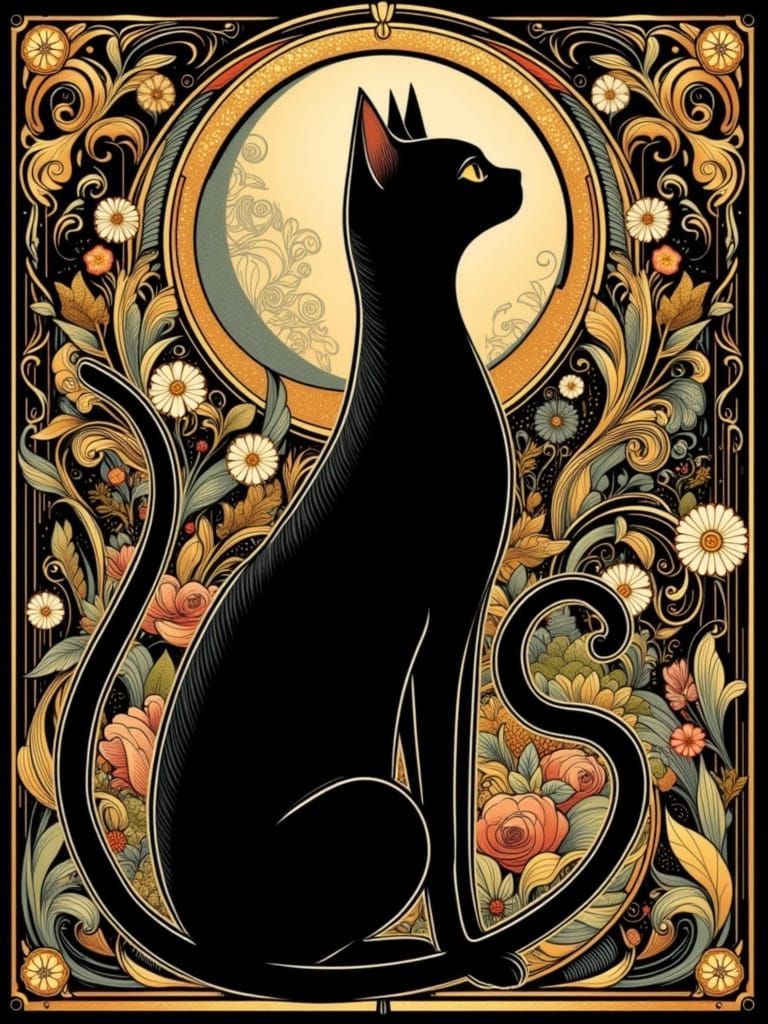 Elegant Black Cat in Art Nouveau Style with Nature Motifs