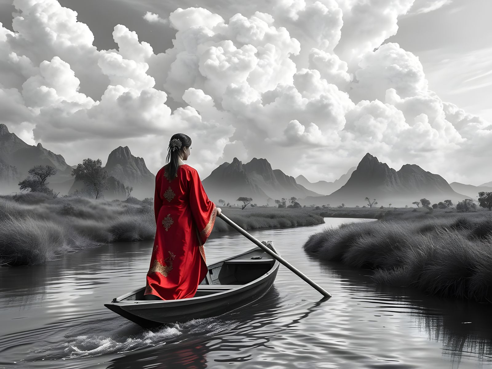 Woman in Red Robe Navigating Monochrome Landscape