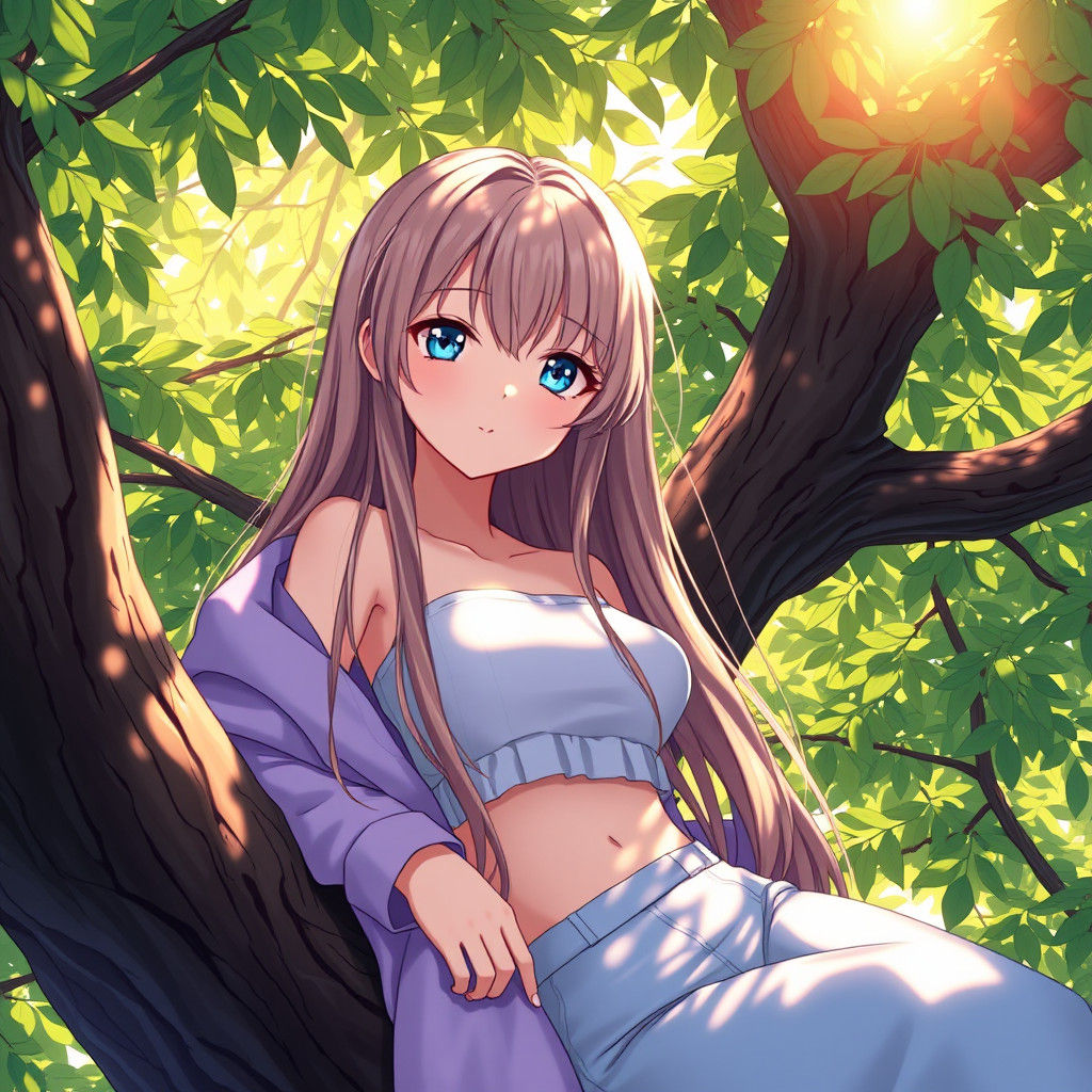 Anime Girl Surrounded by Vibrant Foliage in Studio Trigger S...