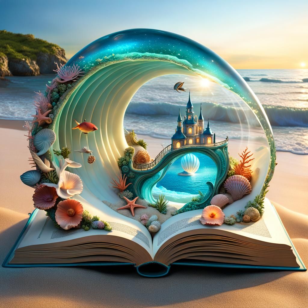 Enchanted Beach Scene Unfolds within a Majestic Conch Shell