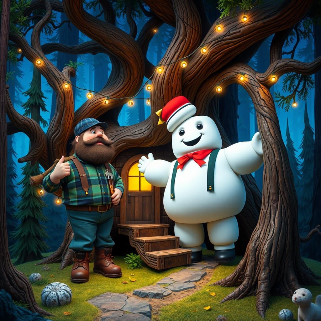 Paul Bunyan and Stay Puft Building a Treehouse