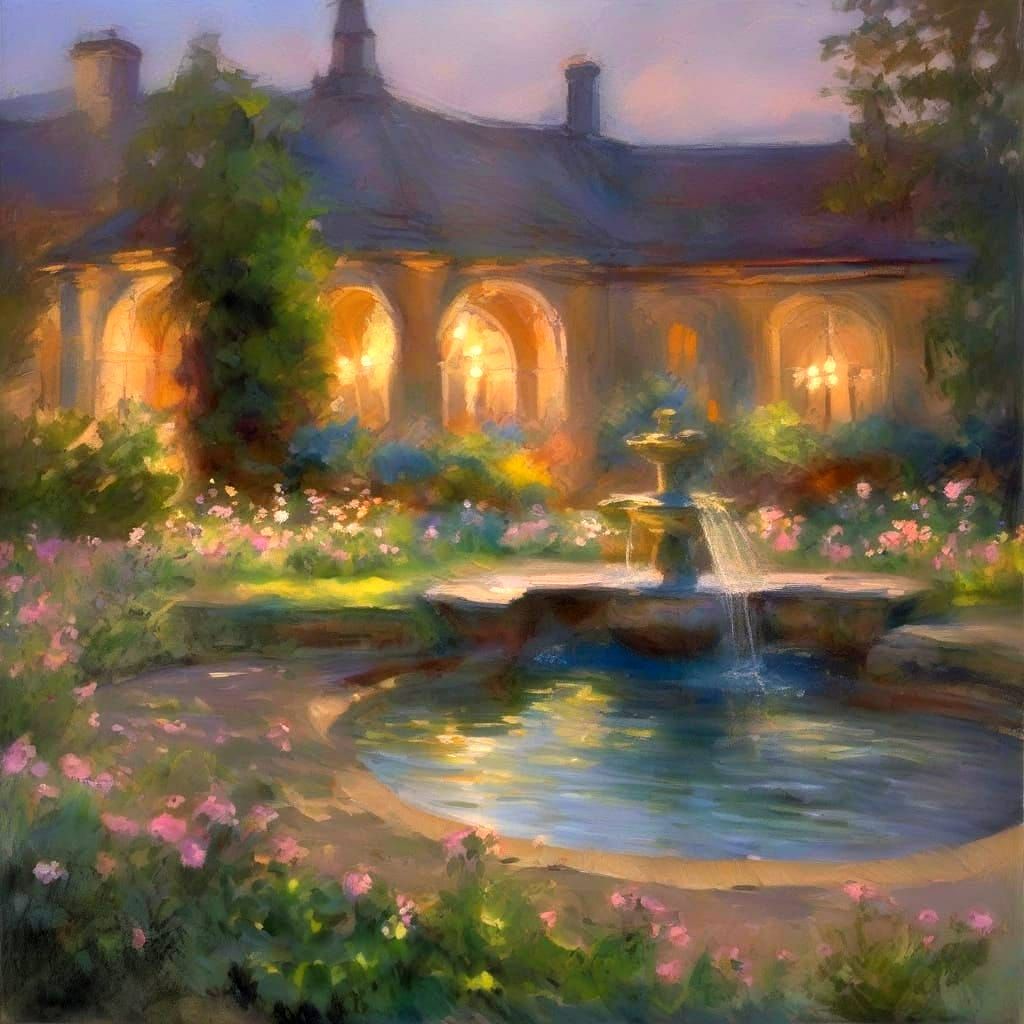 Moonlit Courtyard Fountain in Impressionistic Watercolor