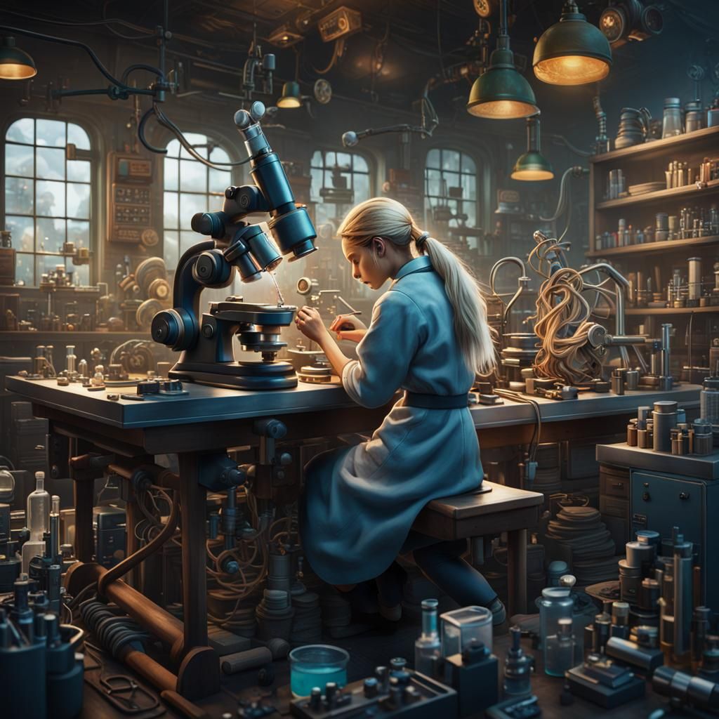 Young Scientist in Whimsical Biology Lab, Detailed Painting
