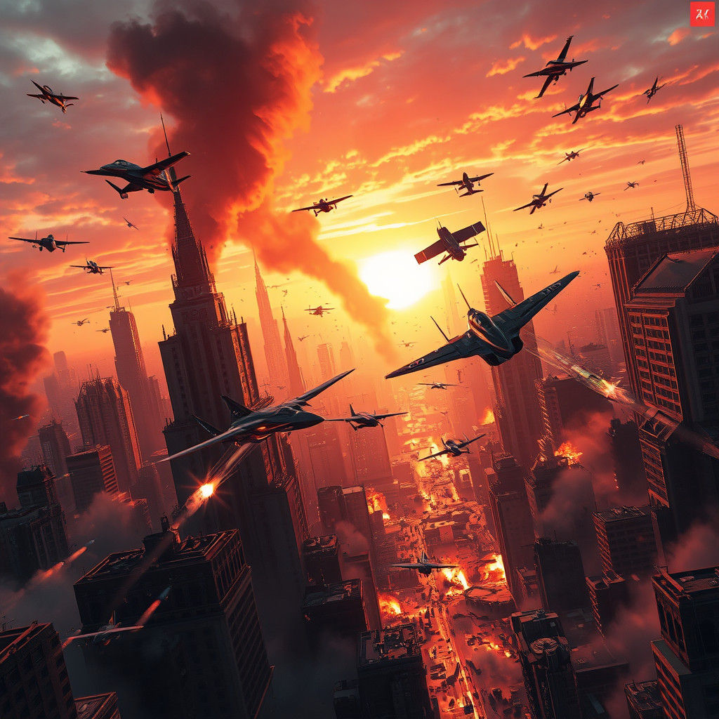 War-Torn Cityscape in Epic Sunset Chaos