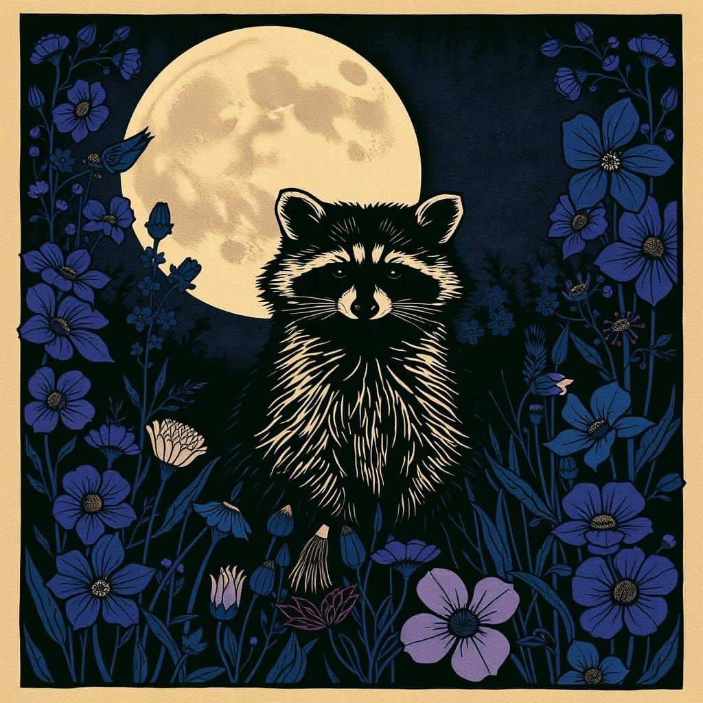 Wildflowers Frame a Bold Raccoon in Woodcut-Inspired Art