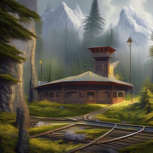 Fantastical Mountain Train Station in Vibrant Colors