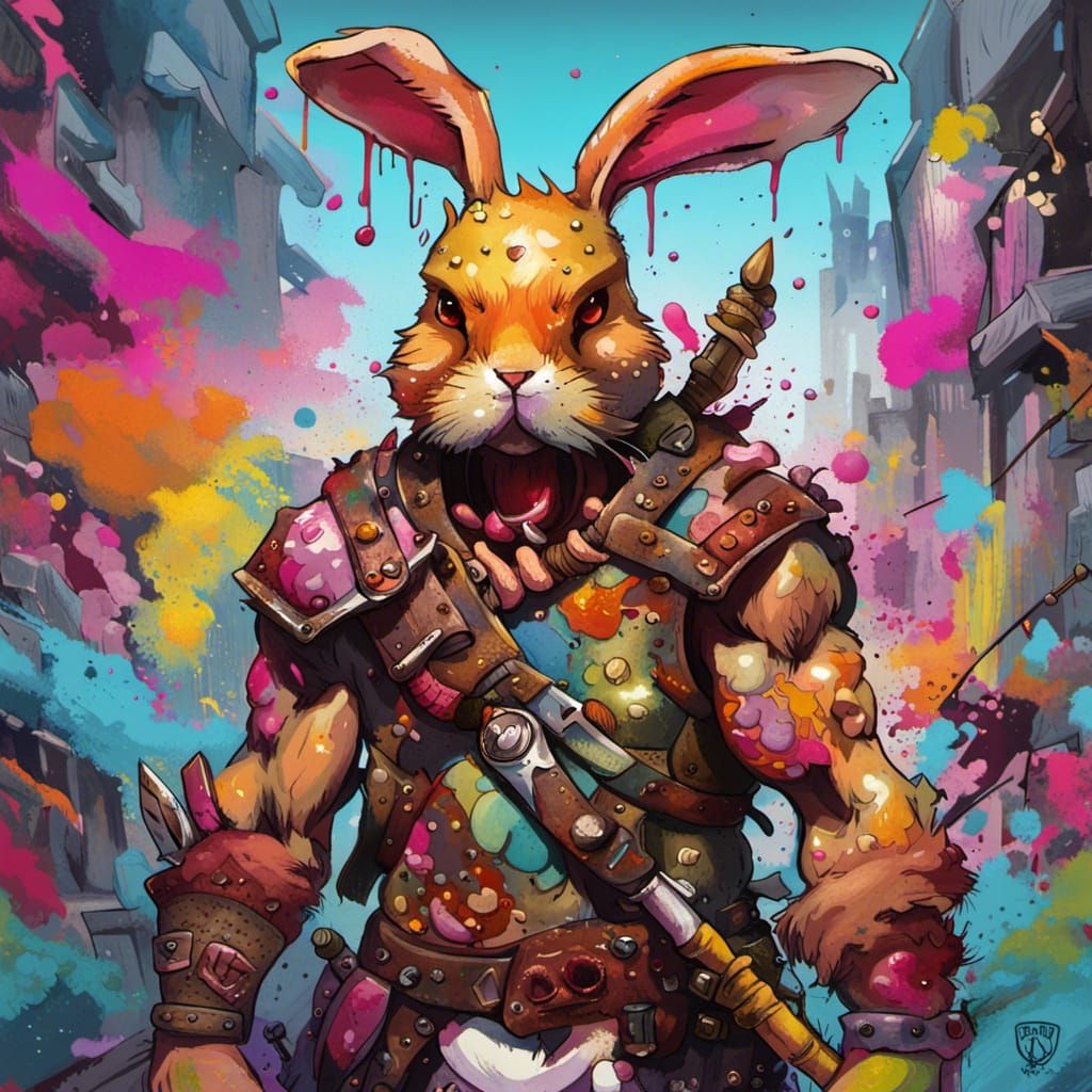 Rabbit Barbarian with Battle-Scarred Ears in Vibrant Graffit...