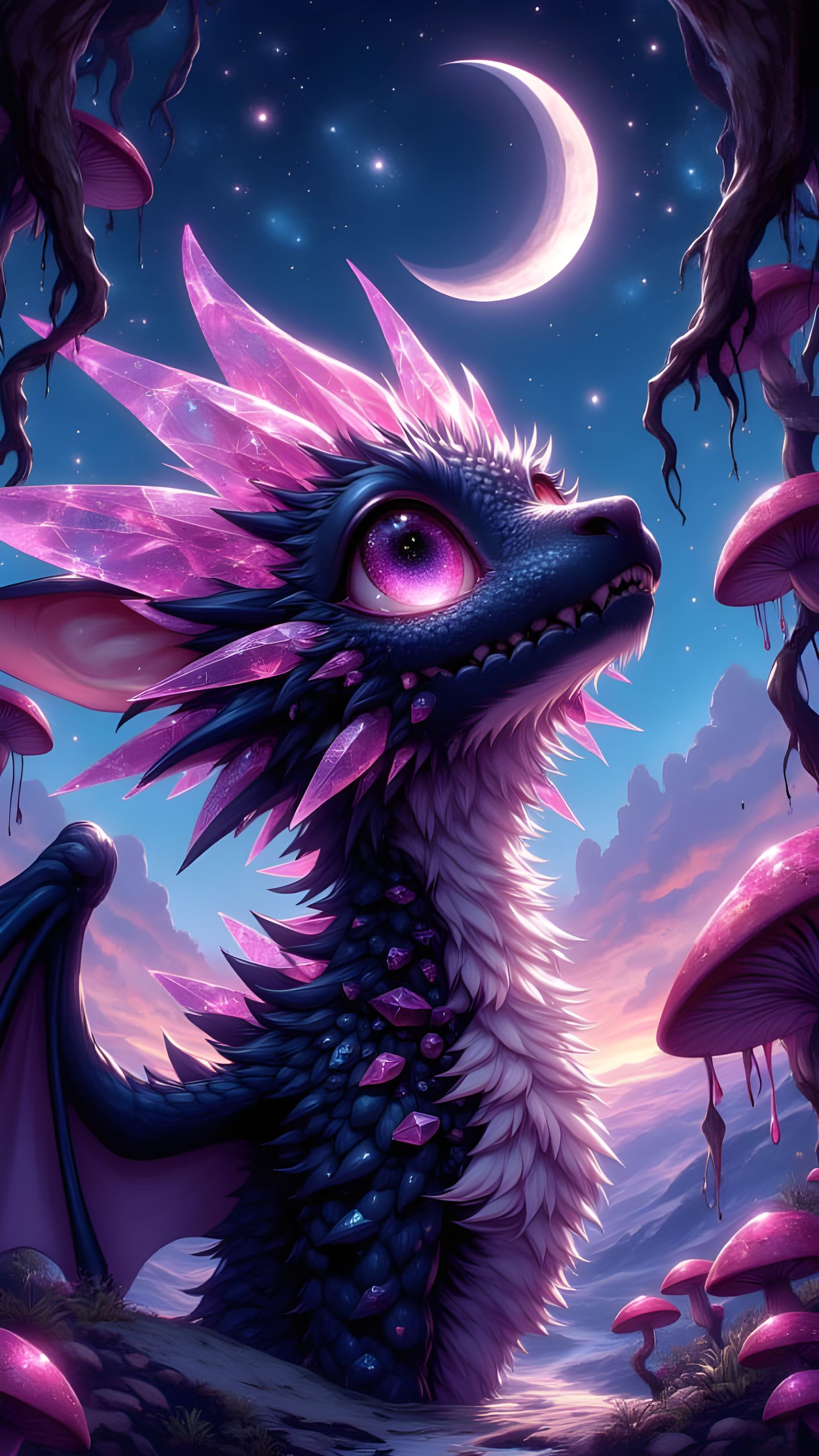Whimsical Crystal Dragon Under Starry Skies