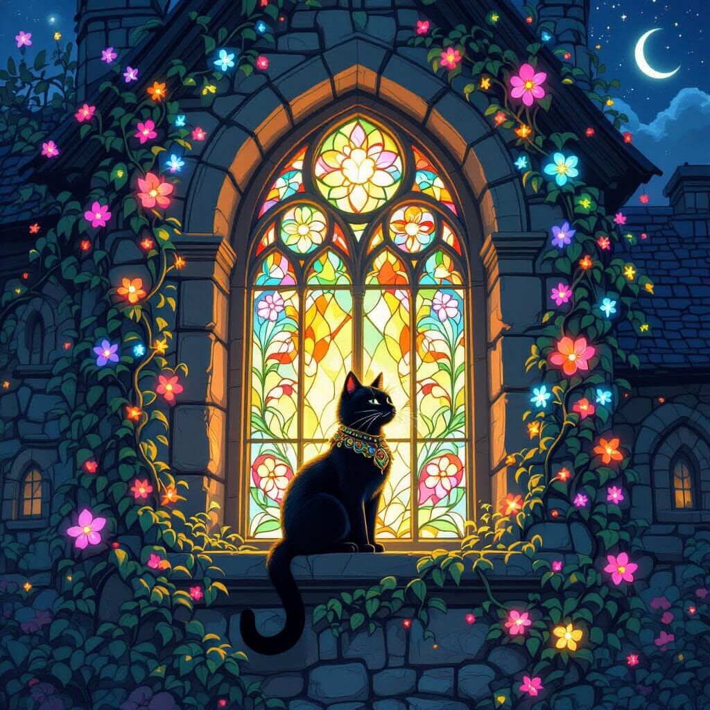 Enchanted Black Cat on Stained Glass Window