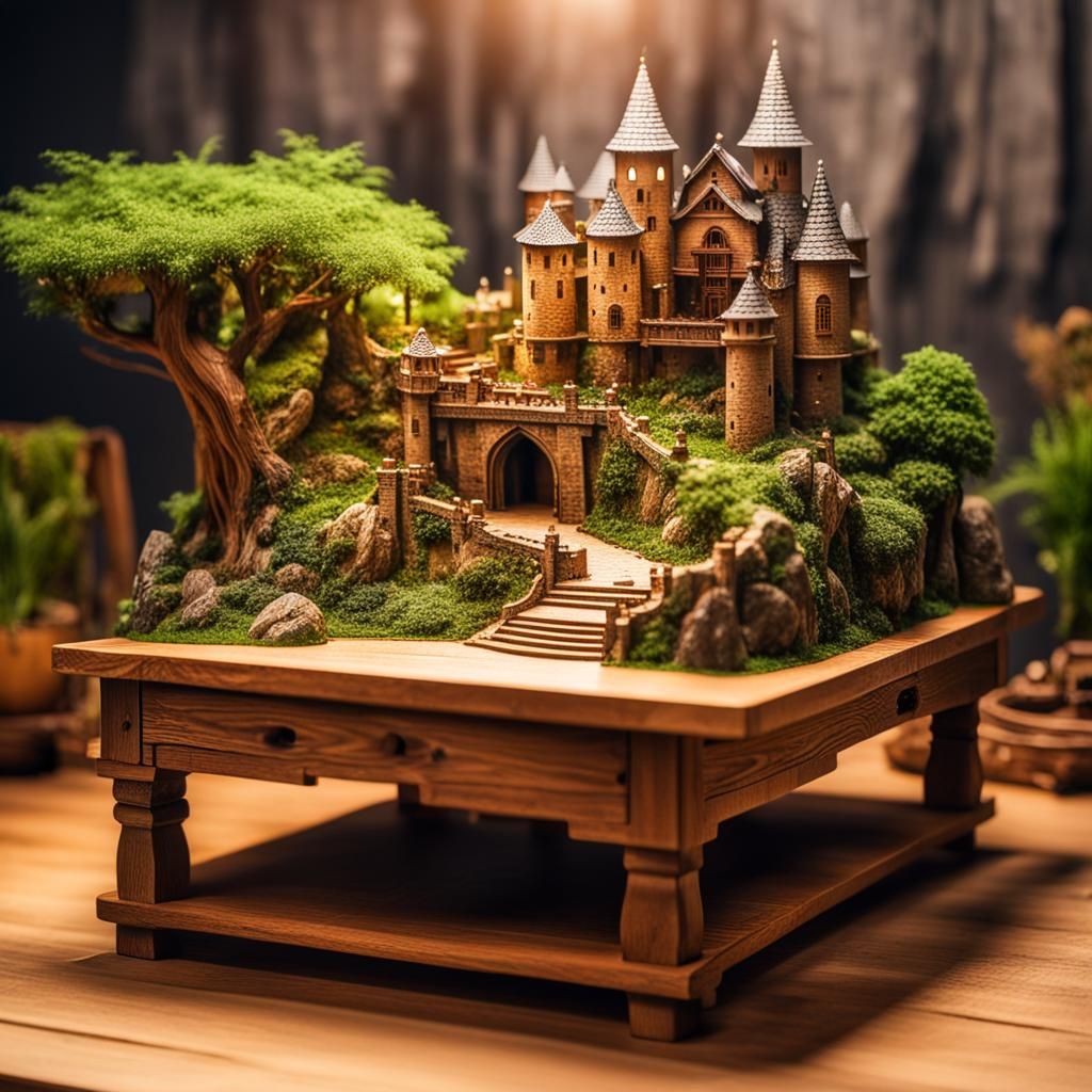 Intricate Medieval Miniature Landscape within Wooden Table