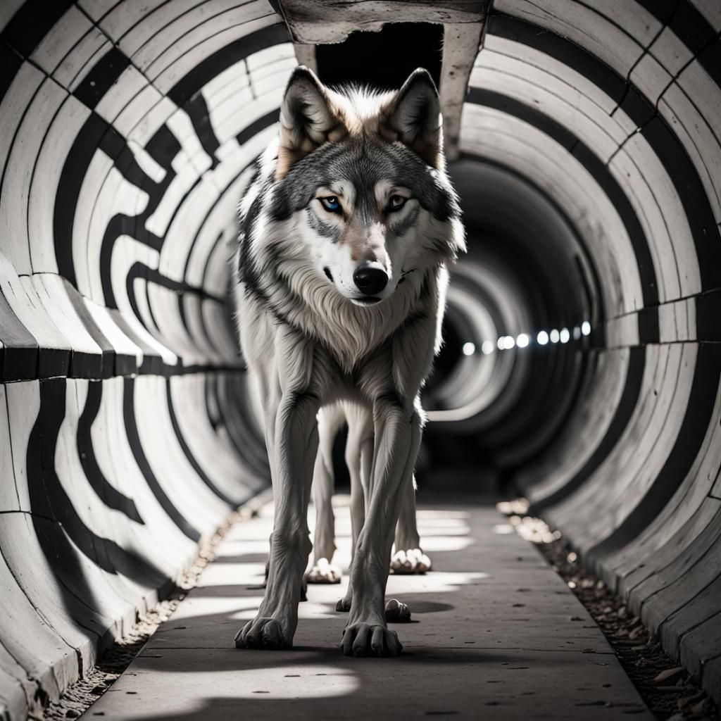 Black and White Optical illusion tunnel wolf in the tunnel