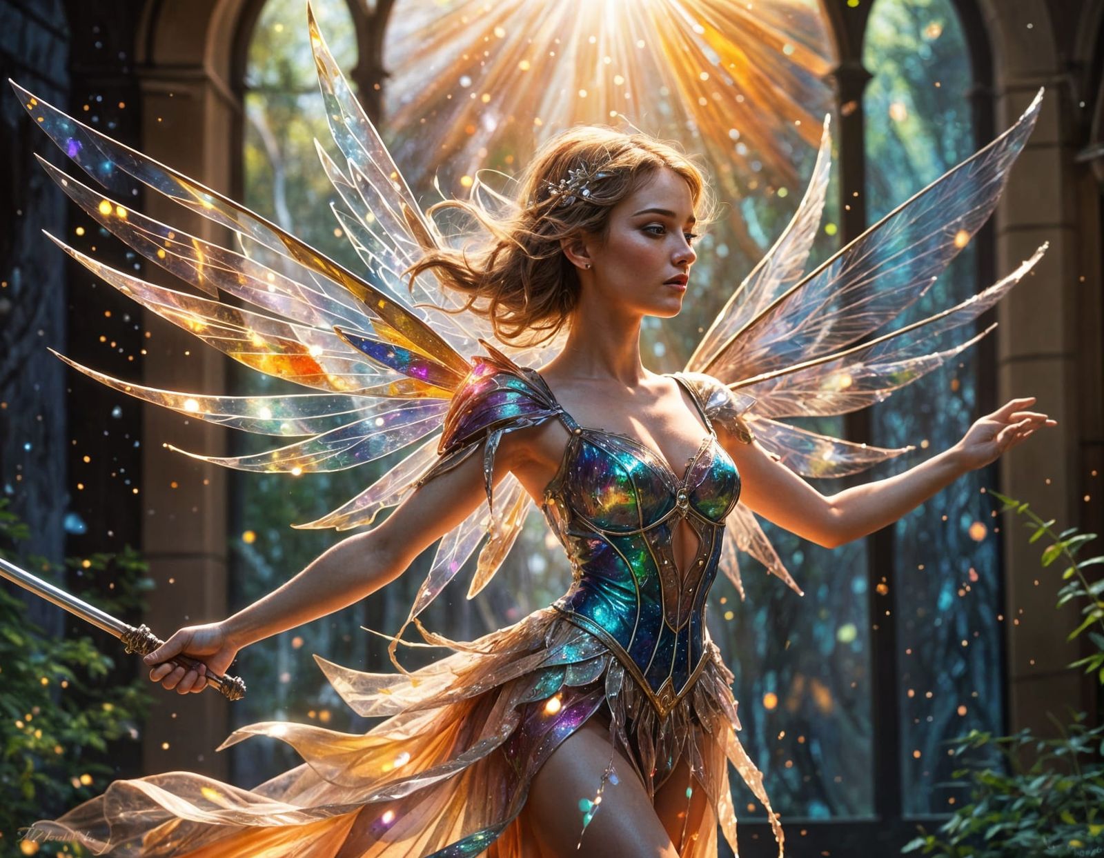 Sparkling Fairy with Swords in Watercolor Style