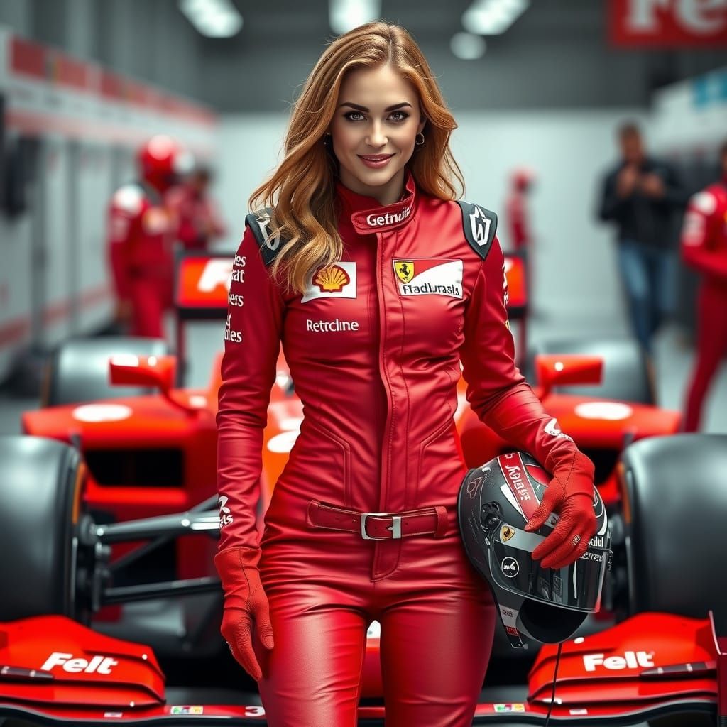 Female Racer Poses with Formula One Car