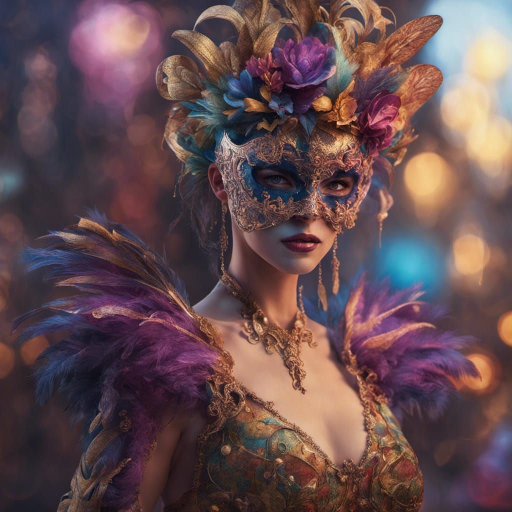 Ethereal Masquerade Ball Scene in Vibrant Triadic Hues