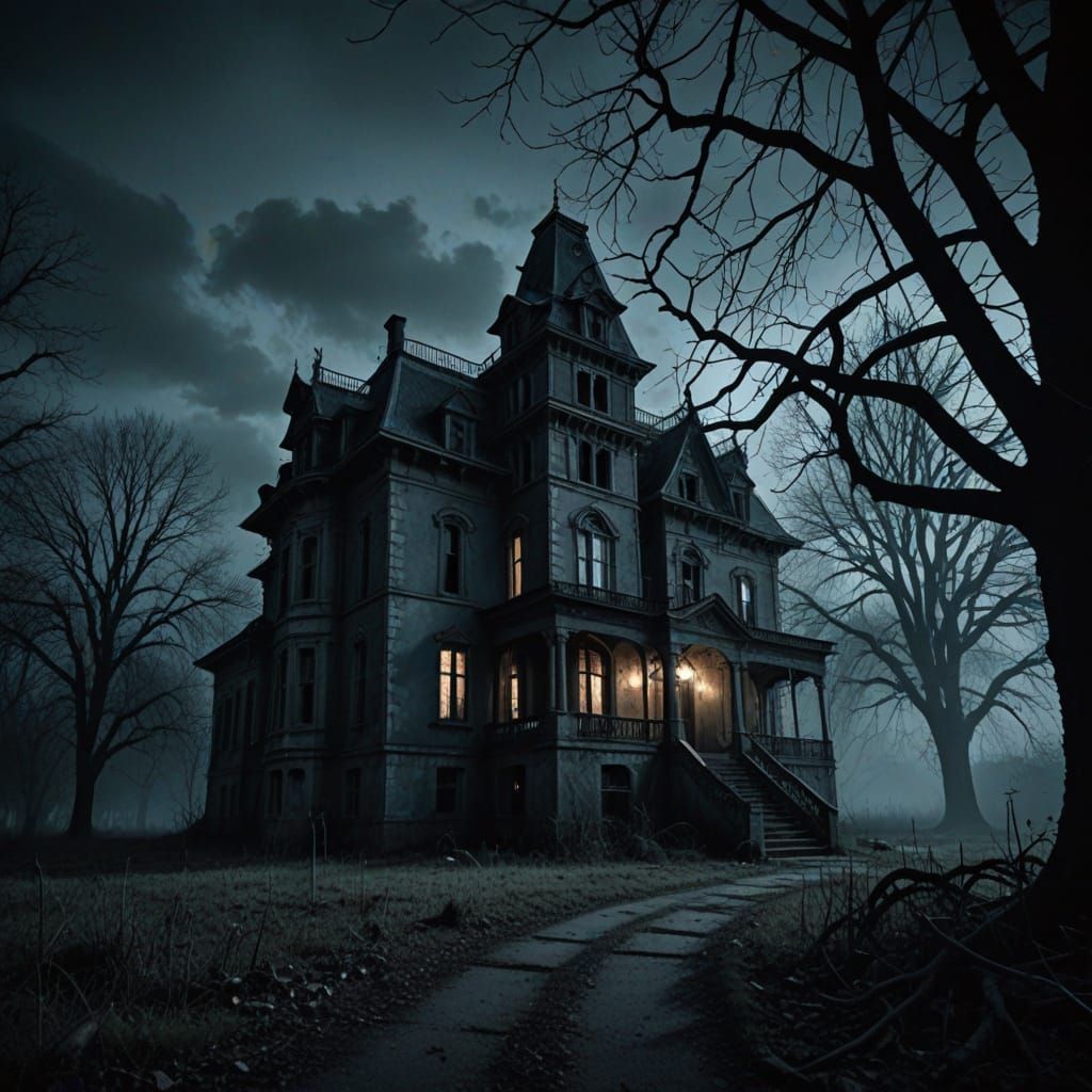 Ethereal Abandoned Mansion, Shrouded in Ominous Cinematic Li...