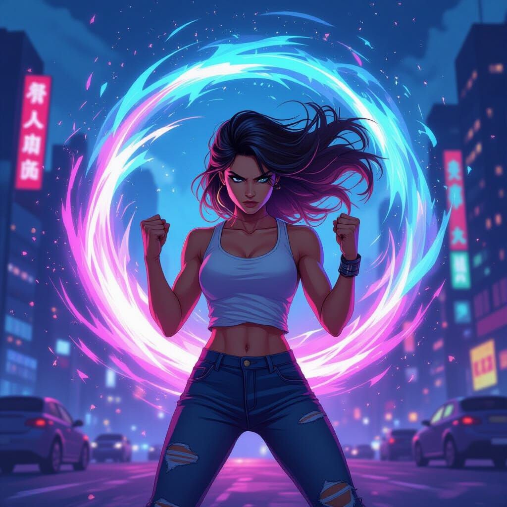 Determined Woman Empowered by Light in Neon City
