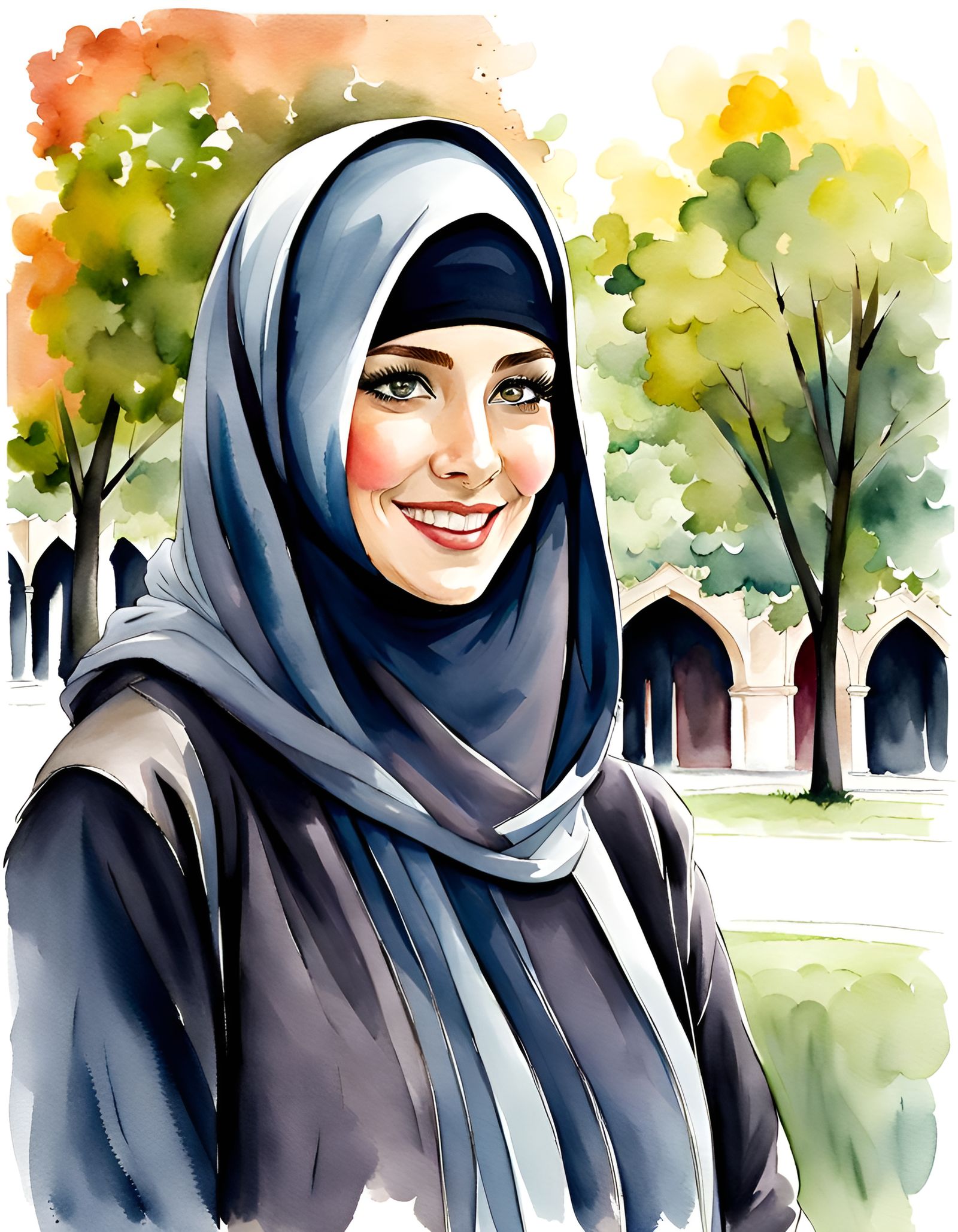 Elegant Niqabi Woman Smiling in City Park Watercolor