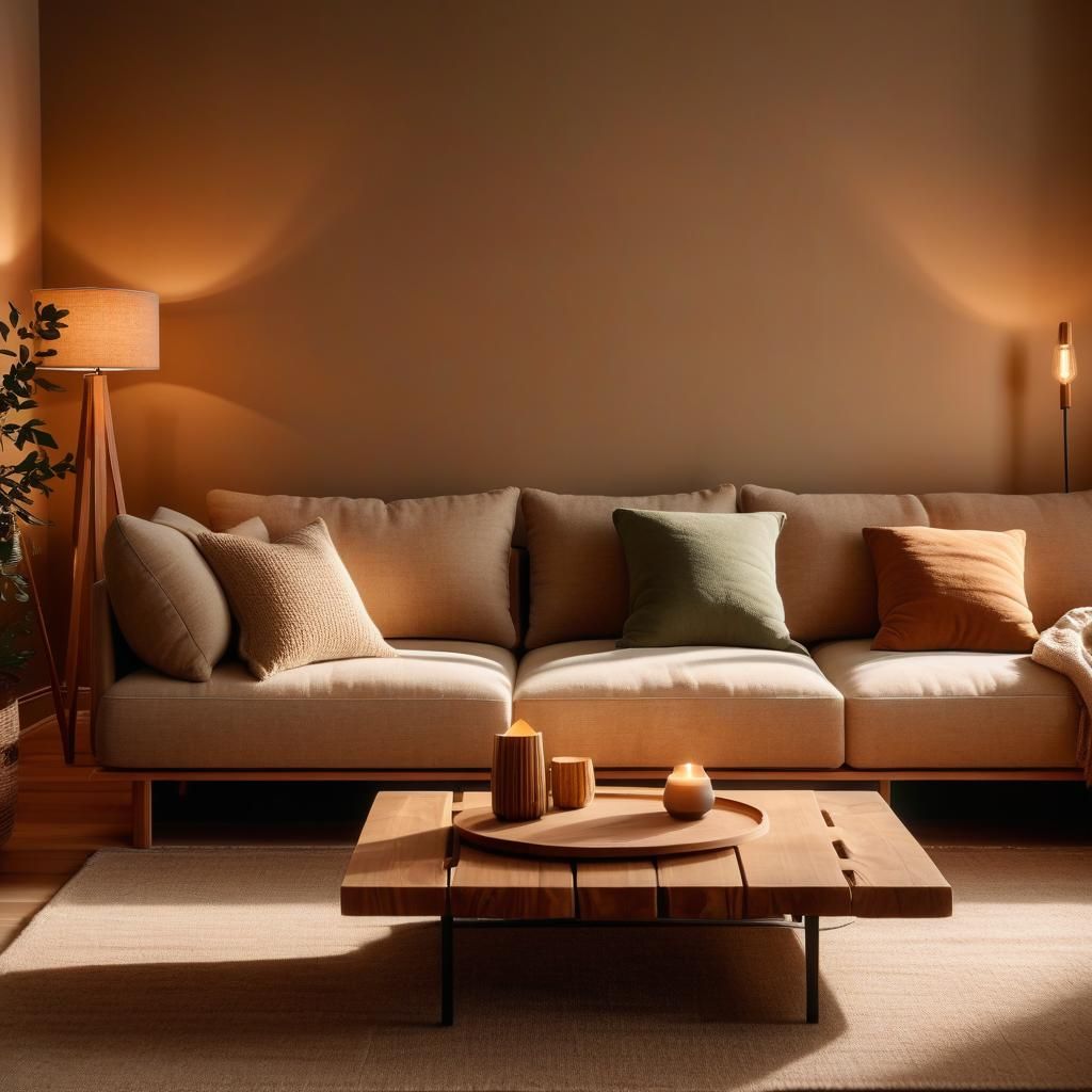 Warm Cozy Living Room with Plush Couch and Wooden Accents