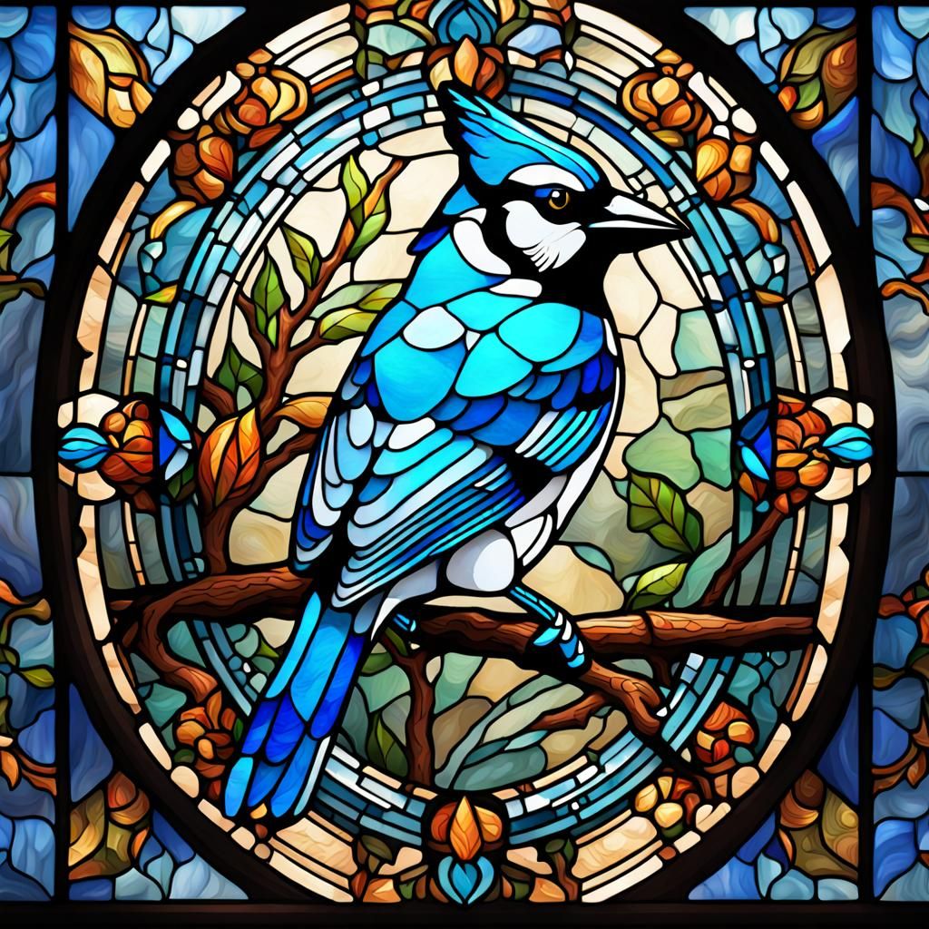 Vibrant Stained Glass Fantasy Scene in Deep Blue and Gold