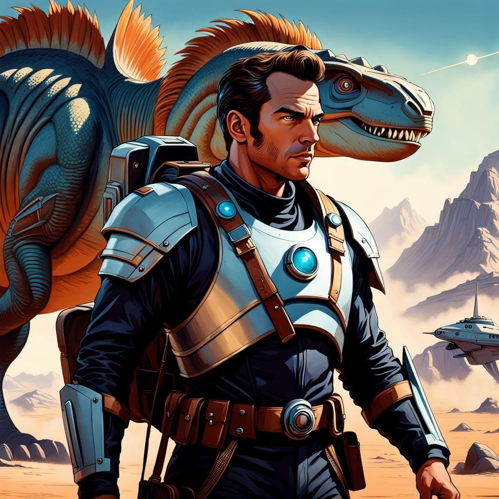 Retrofuturistic Adventurer in Pristine Prehistoric Landscape