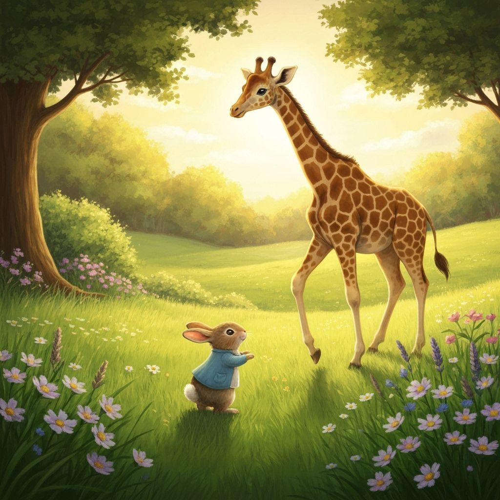 Tiny Rabbit and Giant Giraffe Play in Sunny Meadow
