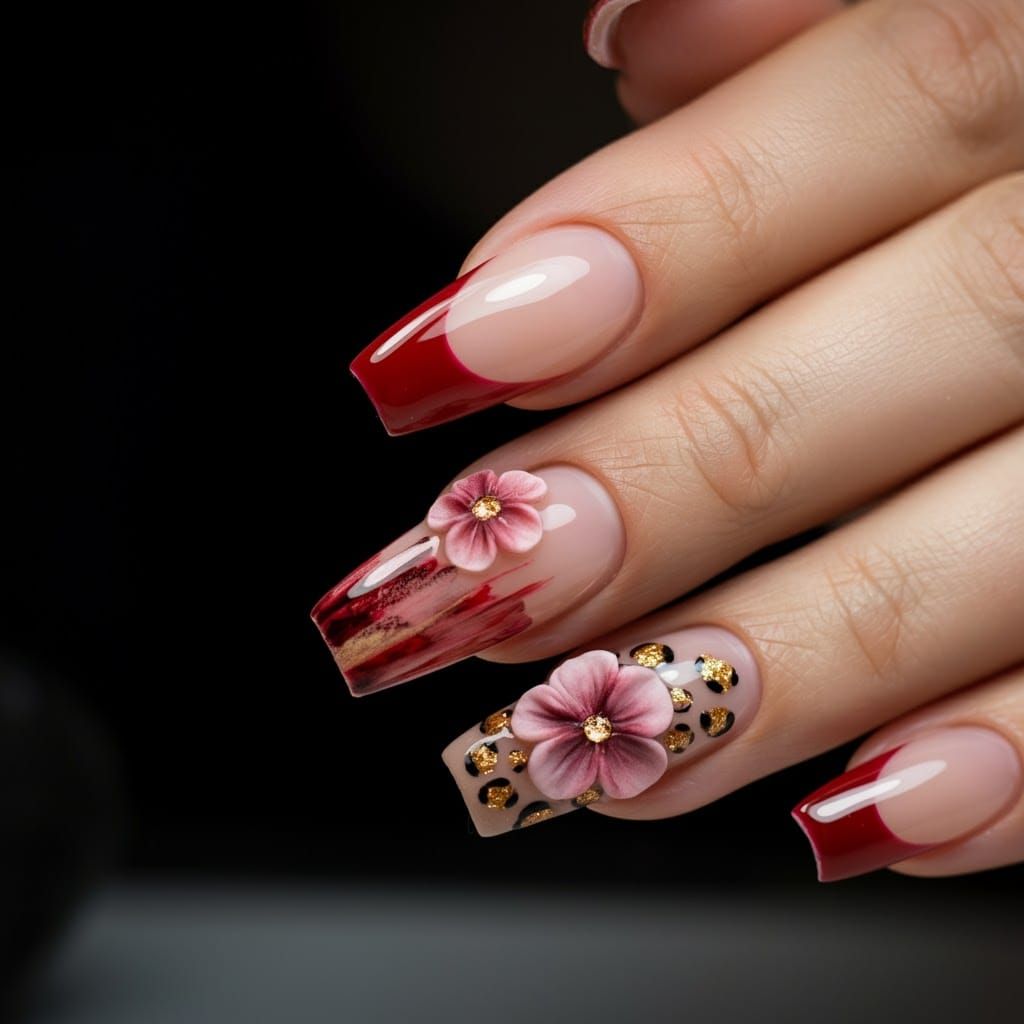 Bold Red Nail Art with 3D Flowers and Gold Accents