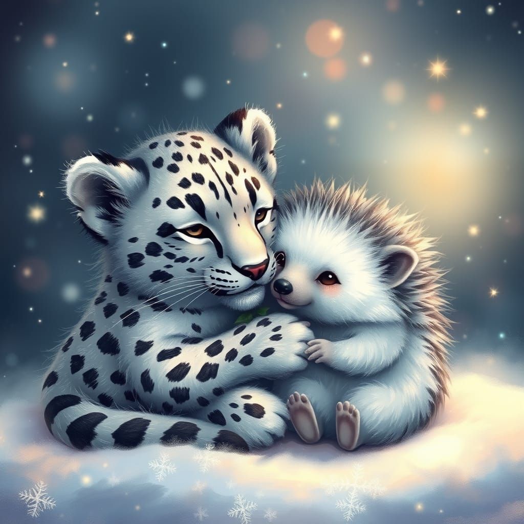 baby fluffy snow leopard and snow hedgehog its thorns are le...
