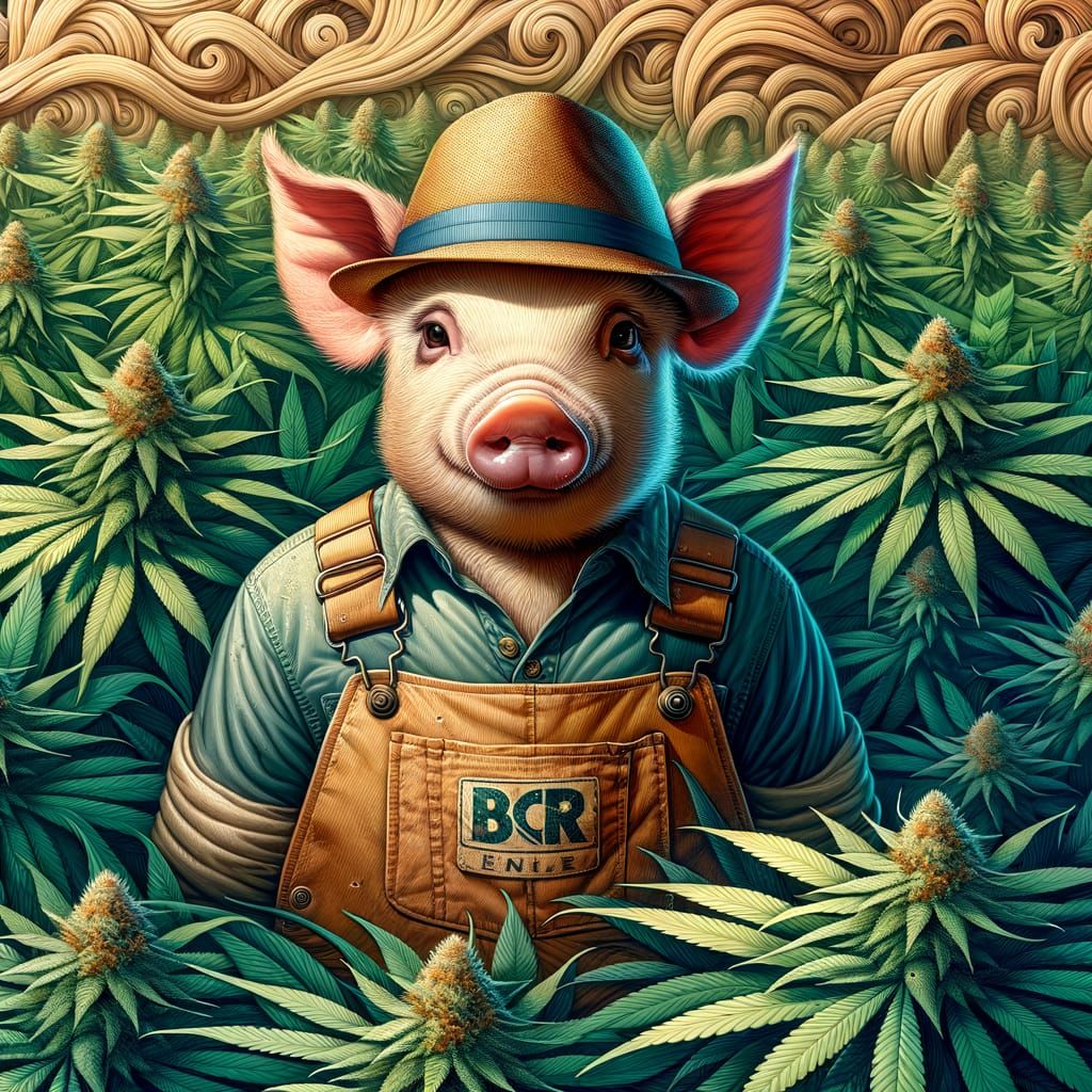 Charming Pig Amidst Cannabis Plants in a Cinematic Landscape