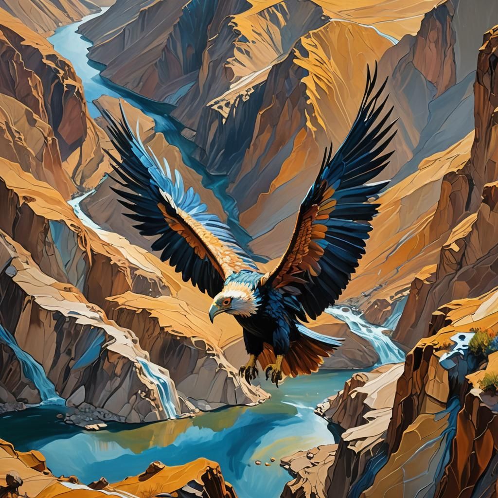 Surreal Andean Condor Spreads Wings by Blue River in Warm Go...