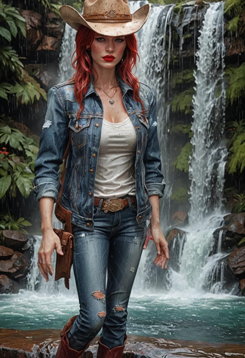 Sultry Cowgirl Submerged in Whirlpool Waterfall