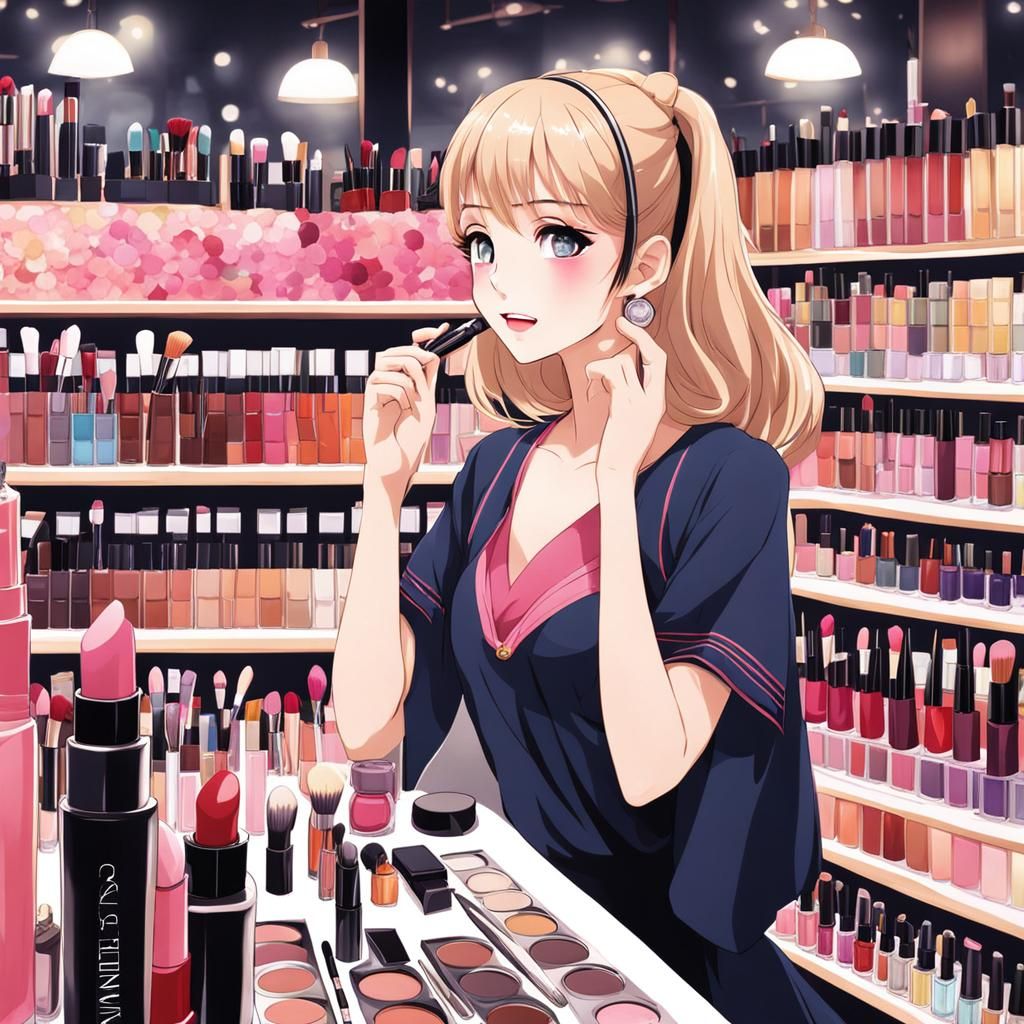 Young Woman Embracing Various Makeup Looks in a Vibrant Cosm...