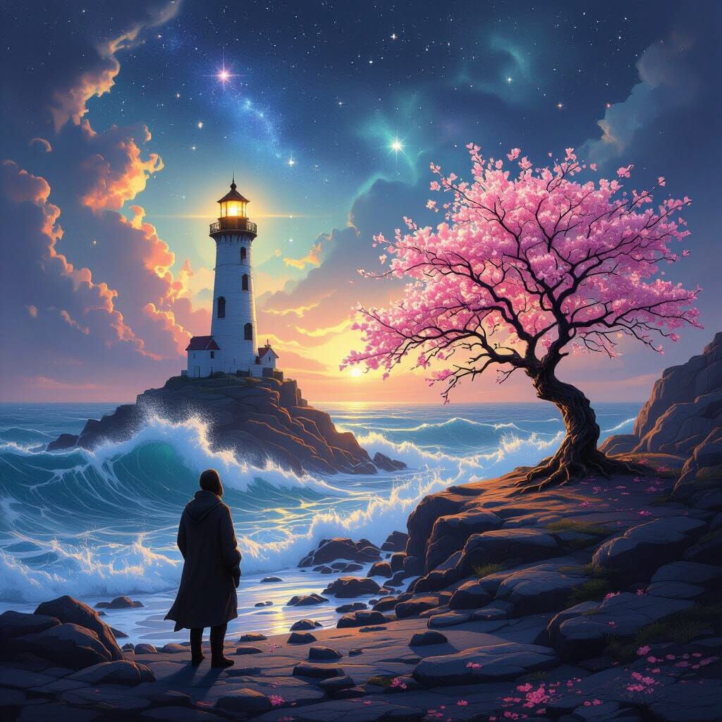 Lone Lighthouse Keeper and Cherry Blossom Amidst Stormy Seas
