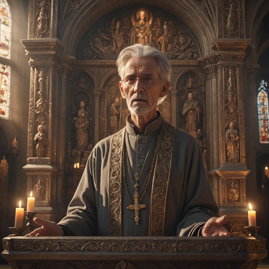 Cinematic Priest in Candlelit Church