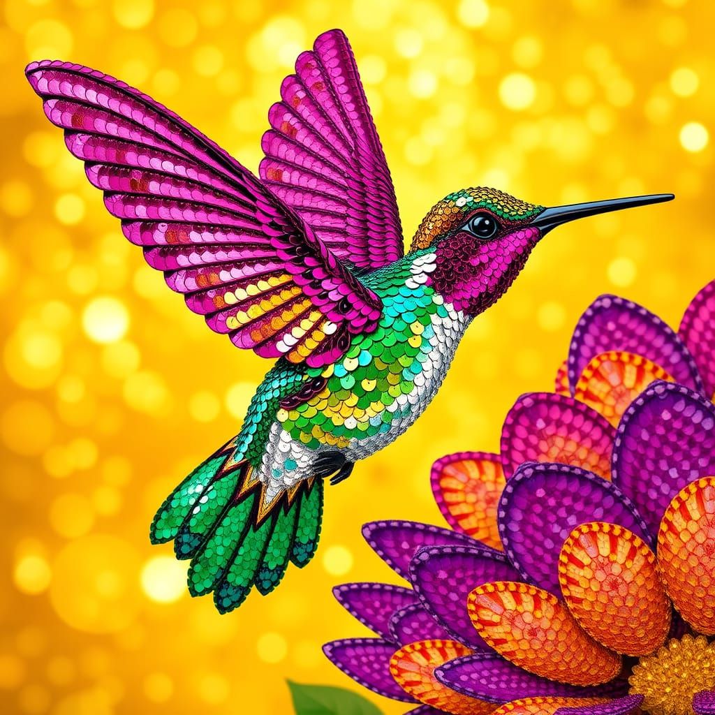 Sequin Hummingbird in Flight, Iridescent Feathers Shimmer