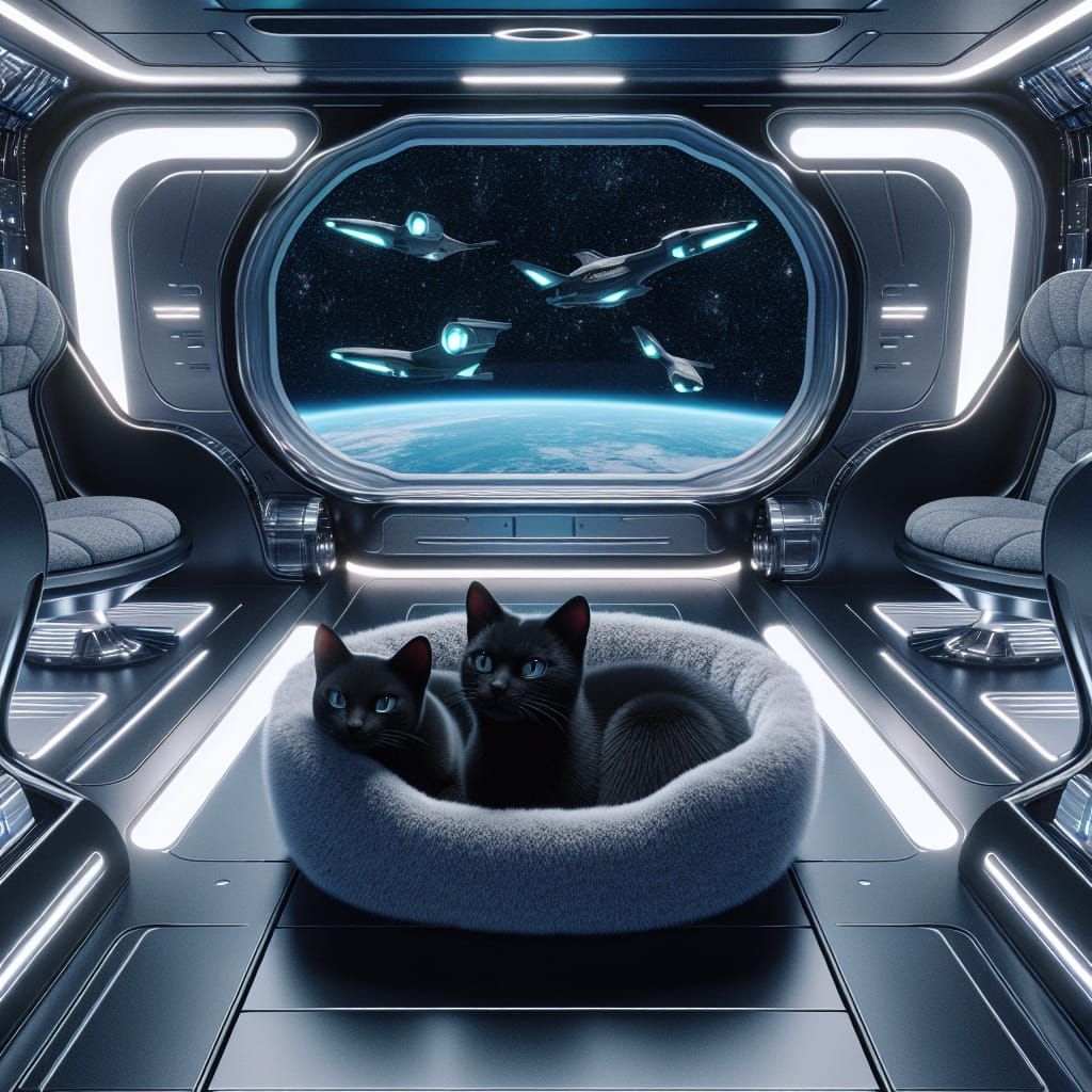 Two Black Felines in Futuristic Spacecraft Cabin